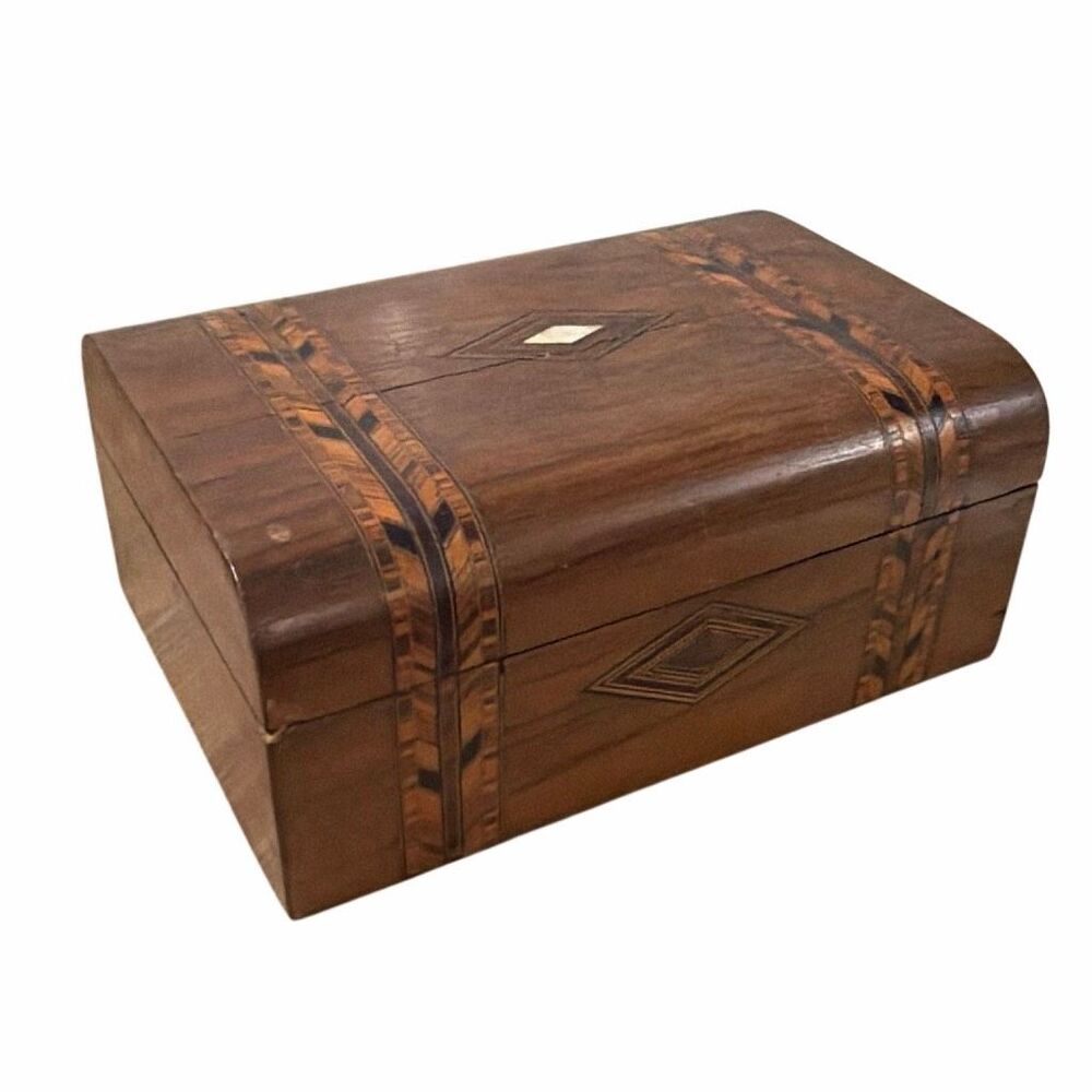 Antique Victorian Tunbridge Ware Dome Top Box Parquetry Inlay w Mother of Pearl